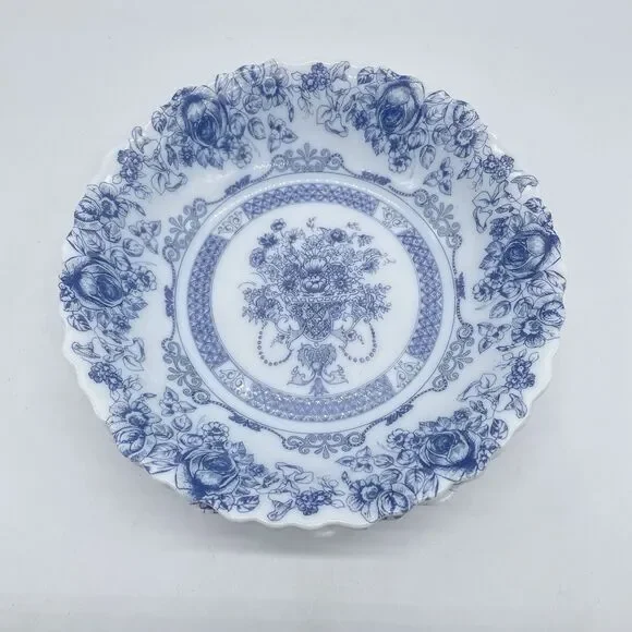 Set 4 Arcopal France HONORINE Coupe Cereal Soup Bowls 7" Blue & White Scalloped - Picture 4 of 8